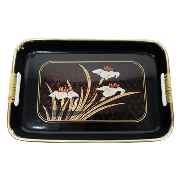 Vintage Serving Trays Wrapped Handles Iris Barware Lacquer Black Gold Japan - Picture 3 of 12